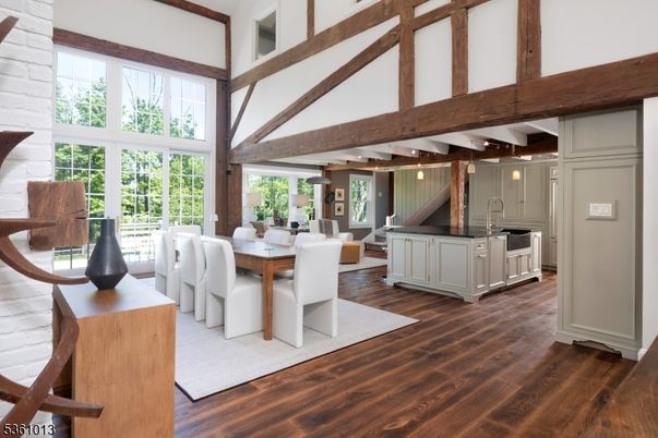 Dining room, Interior, Kitchen, Living room, Pendant Lights, Wooden Beams, Wood Texture Flooring