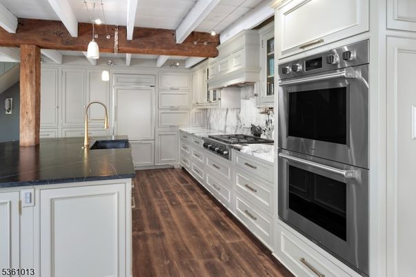 Interior, Kitchen, Pendant Lights, Recessed Lighting, Stainless Steel Appliances, Wooden Beams, Wood Texture Flooring