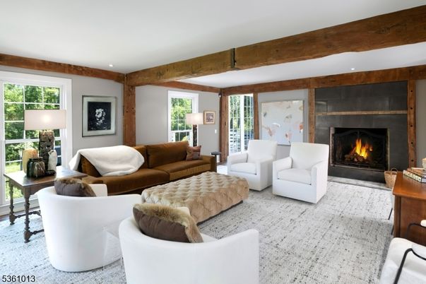Fireplace, Interior, Living room, Recessed Lighting, Wooden Beams
