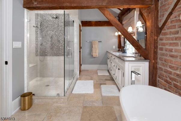 Bathroom, Dual Sink Vanities, Free Standing Baths, Glass Shower, Interior, Stone Walls, Wooden Beams