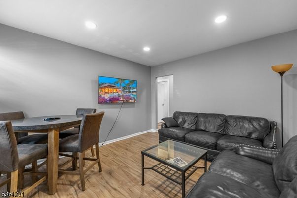 Dining room, Interior, Living room, Recessed Lighting, Wood Texture Flooring