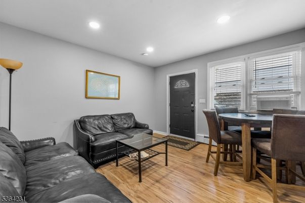 Dining room, Interior, Living room, Recessed Lighting, Wood Texture Flooring