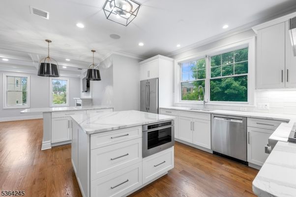 Interior, Kitchen, Pendant Lights, Recessed Lighting, Stainless Steel Appliances, Wood Texture Flooring