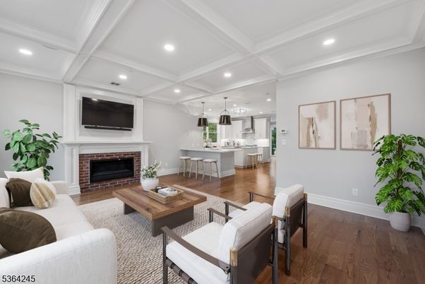 Fireplace, Interior, Kitchen, Living room, Pendant Lights, Recessed Lighting, Wood Texture Flooring
