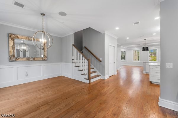 Empty room, Interior, Pendant Lights, Recessed Lighting, Wood Texture Flooring