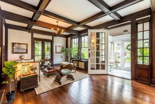 Chandelier, Interior, Living room, Wooden Beams, Wood Texture Flooring