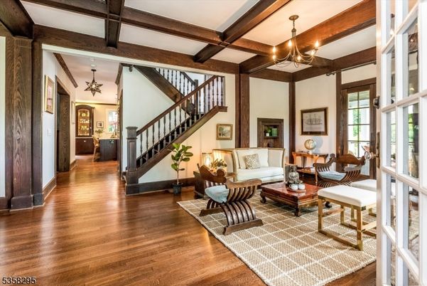 Chandelier, Interior, Living room, Wooden Beams, Wood Texture Flooring