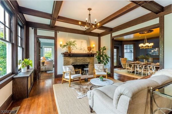 Chandelier, Dining room, Fireplace, Interior, Living room, Wooden Beams, Wood Texture Flooring