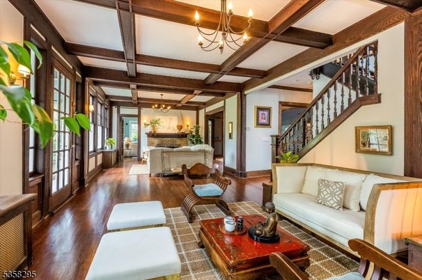 Chandelier, Fireplace, Interior, Living room, Pendant Lights, Wooden Beams, Wood Texture Flooring