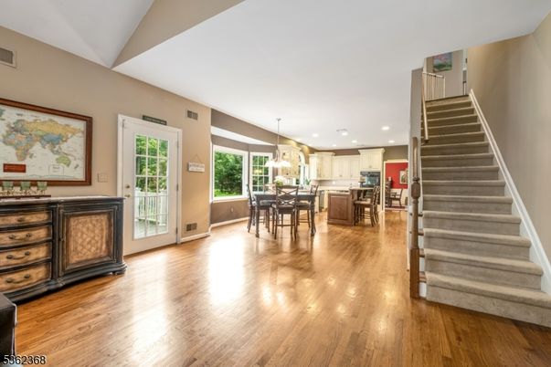 Chandelier, Dining room, Interior, Kitchen, Pendant Lights, Recessed Lighting, Wood Texture Flooring