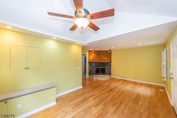Empty room, Fireplace, Interior, Recessed Lighting, Wood Texture Flooring