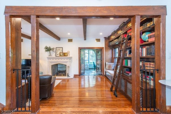 Fireplace, Interior, Recessed Lighting, Wooden Beams, Wood Texture Flooring