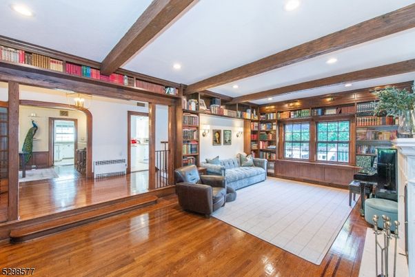 Fireplace, Interior, Recessed Lighting, Wooden Beams, Wood Texture Flooring