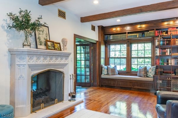 Fireplace, Interior, Recessed Lighting, Wooden Beams, Wood Texture Flooring
