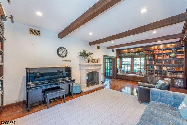 Fireplace, Interior, Piano, Recessed Lighting, Wooden Beams, Wood Texture Flooring