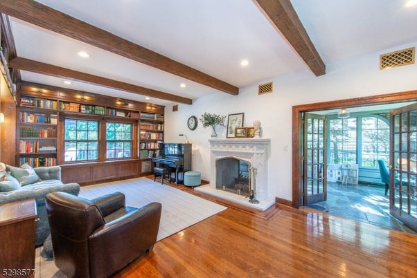Fireplace, Interior, Living room, Piano, Recessed Lighting, Wooden Beams, Wood Texture Flooring