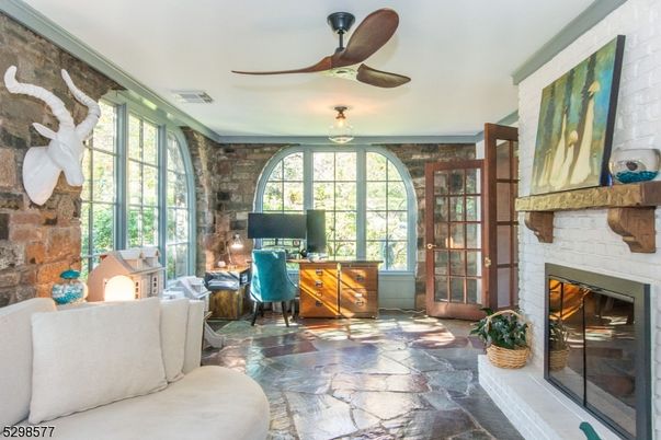 Fireplace, Home Office, Interior, Stone Walls