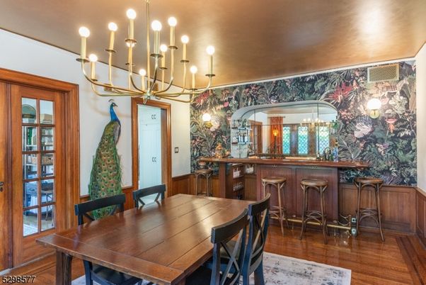 Chandelier, Dining room, Interior, Wood Texture Flooring
