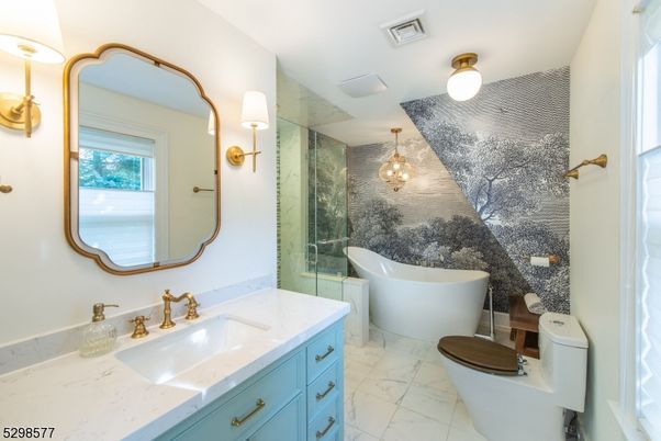 Bathroom, Chandelier, Free Standing Baths, Glass Shower, Interior, Marble, Marble Walls