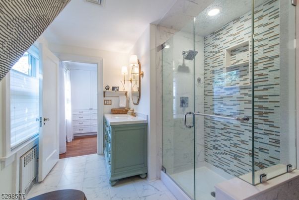 Bathroom, Glass Shower, Interior, Marble, Marble Walls, Recessed Lighting, Wood Texture Flooring