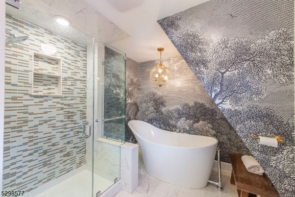Bathroom, Free Standing Baths, Glass Shower, Interior, Marble, Marble Walls, Pendant Lights, Recessed Lighting