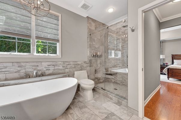 Bathroom, Bedroom, Free Standing Baths, Glass Shower, Interior, Marble, Recessed Lighting, Wood Texture Flooring