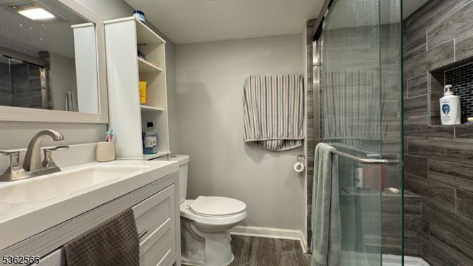 Bathroom, Glass Shower, Interior, Wood Texture Flooring