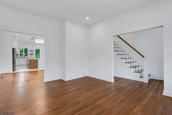 Empty room, Interior, Kitchen, Pendant Lights, Recessed Lighting, Wood Texture Flooring