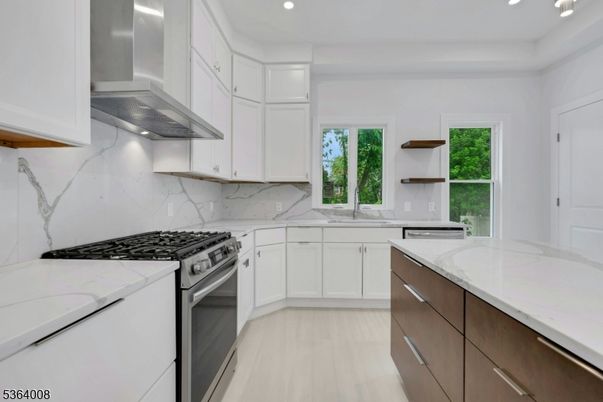 Interior, Kitchen, Marble Walls, Recessed Lighting, Wood Texture Flooring