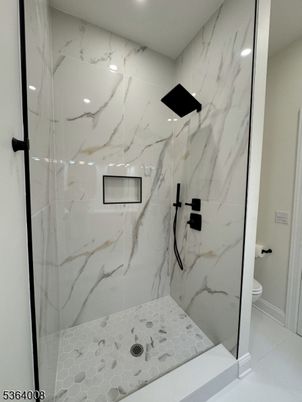 Bathroom, Glass Shower, Interior, Marble Walls, Recessed Lighting