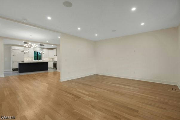 Empty room, Interior, Kitchen, Pendant Lights, Recessed Lighting, Wood Texture Flooring