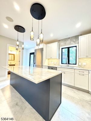 Interior, Kitchen, Marble Walls, Pendant Lights, Recessed Lighting