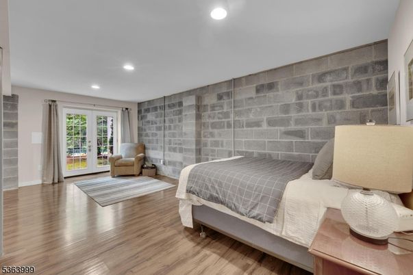 Bedroom, Interior, Recessed Lighting, Stone Walls, Wood Texture Flooring