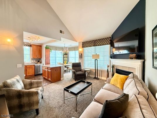 Chandelier, Dining room, Fireplace, Interior, Kitchen, Living room, Pendant Lights
