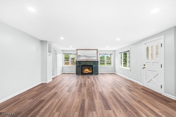Empty room, Fireplace, Interior, Recessed Lighting, Wood Texture Flooring