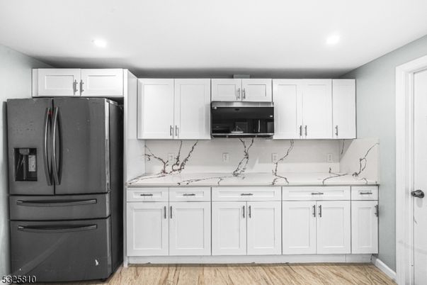 Interior, Kitchen, Marble Walls, Recessed Lighting, Wood Texture Flooring