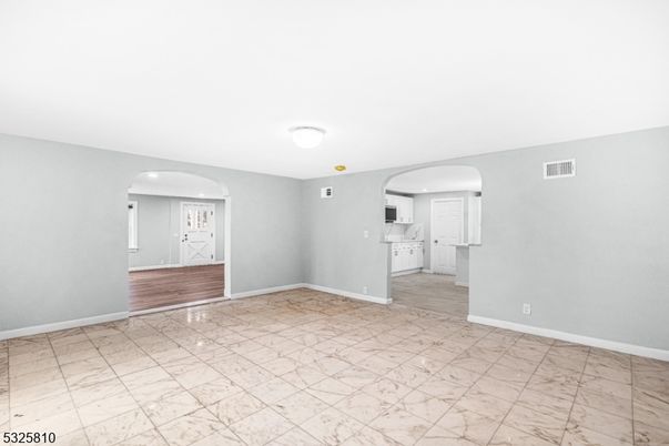 Empty room, Interior, Kitchen, Marble, Recessed Lighting, Wood Texture Flooring