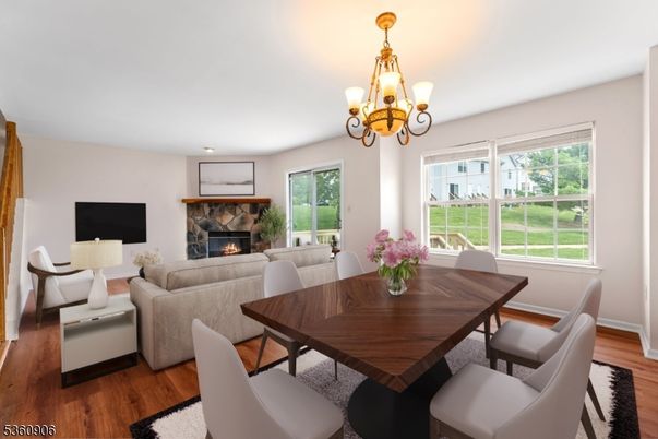 Chandelier, Dining room, Fireplace, Interior, Living room, Wood Texture Flooring