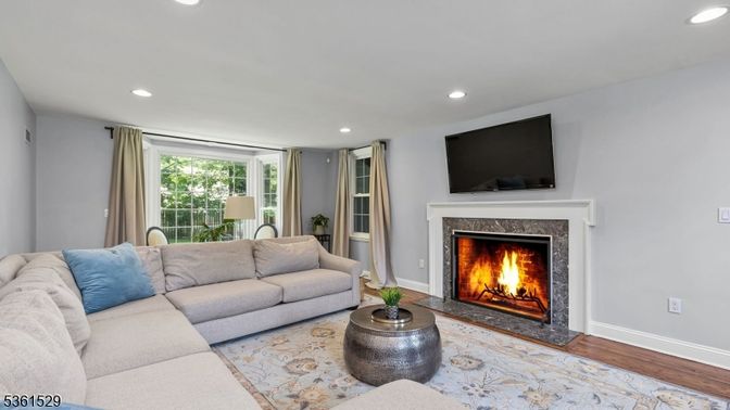 Fireplace, Interior, Living room, Recessed Lighting, Wood Texture Flooring