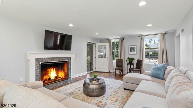 Fireplace, Interior, Living room, Recessed Lighting, Wood Texture Flooring