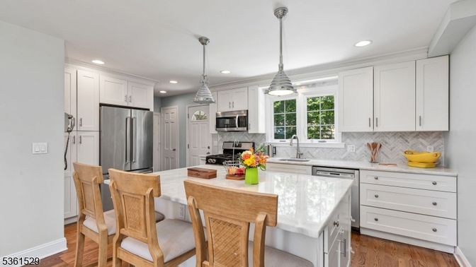Interior, Kitchen, Pendant Lights, Recessed Lighting, Stainless Steel Appliances, Wood Texture Flooring
