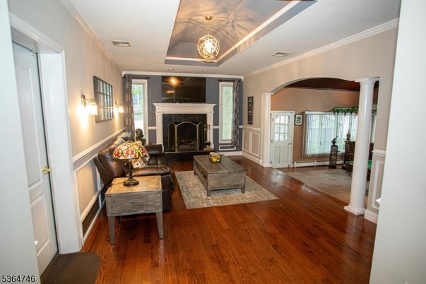 Fireplace, Interior, Living room, Recessed Lighting, Wood Texture Flooring