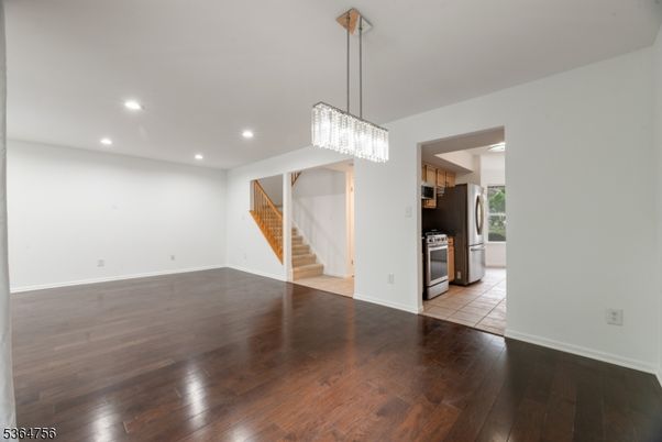 Chandelier, Empty room, Interior, Kitchen, Recessed Lighting, Wood Texture Flooring