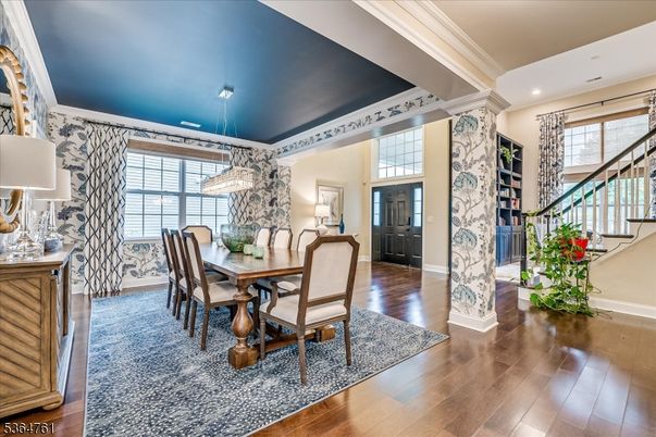Dining room, Interior, Pendant Lights, Recessed Lighting, Wood Texture Flooring