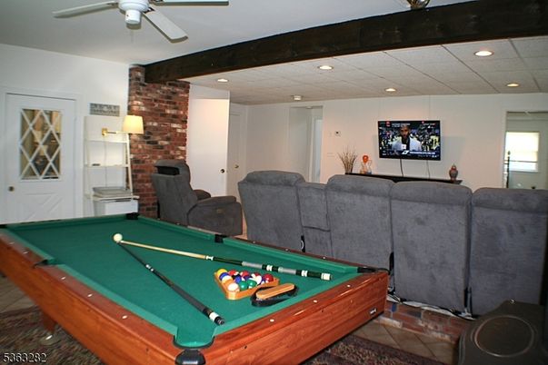 Billiard Table, Game Room, Interior, Recessed Lighting, Stone Walls
