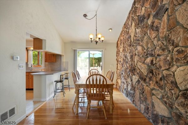 Chandelier, Dining room, Interior, Kitchen, Stone Walls, Wood Texture Flooring