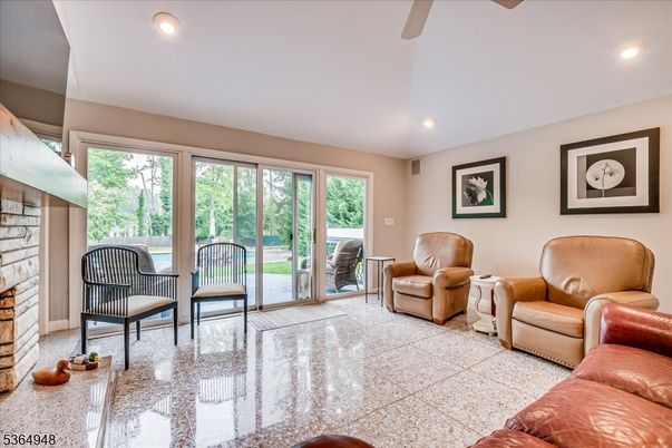 Fireplace, Interior, Living room, Recessed Lighting, Stone Walls