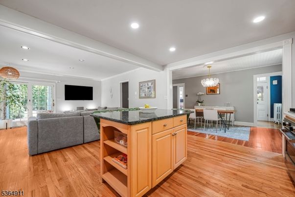 Chandelier, Dining room, Interior, Kitchen, Living room, Recessed Lighting, Wood Texture Flooring