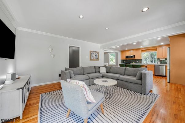 Interior, Kitchen, Living room, Recessed Lighting, Stainless Steel Appliances, Wood Texture Flooring