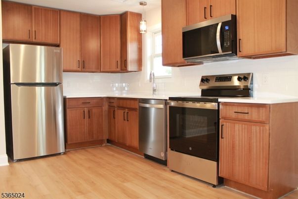 Interior, Kitchen, Pendant Lights, Stainless Steel Appliances, Wood Texture Flooring
